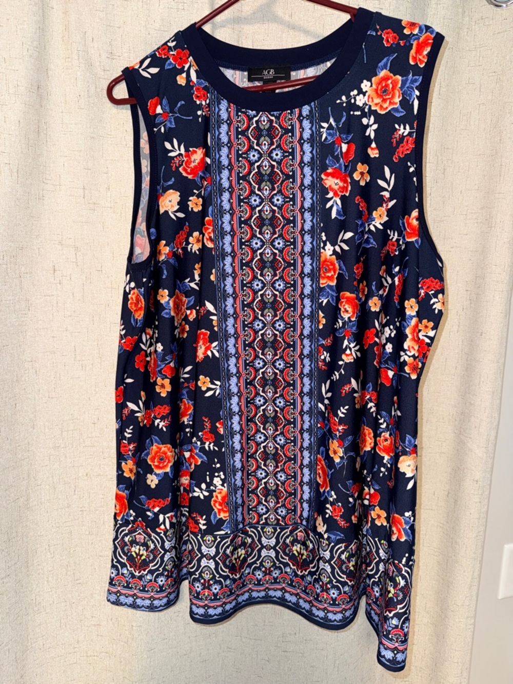 AGB Navy Floral Sleeveless Tank with Red-Orange Blooms